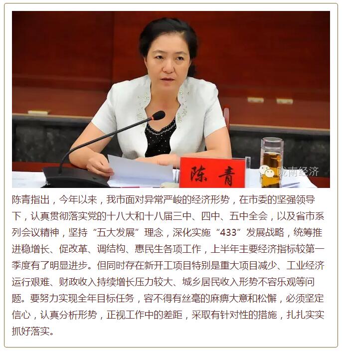 陳青在市政府全體會(huì)議上強(qiáng)調(diào)：緊盯一個(gè)目標(biāo)抓好九大任務(wù)落實(shí)強(qiáng)化三項(xiàng)保障，確保全市經(jīng)濟(jì)社會(huì)持續(xù)快速發(fā)展