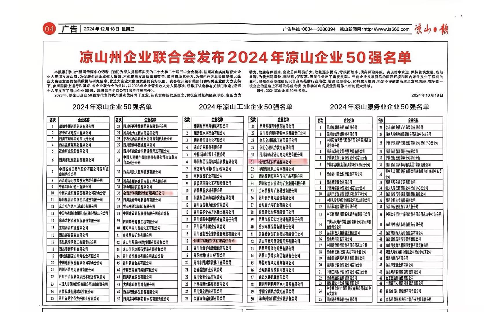 喜報！聯(lián)鑫礦業(yè)會理區(qū)域雙星閃耀，共登涼山工業(yè)企業(yè)50強榜單(圖2)